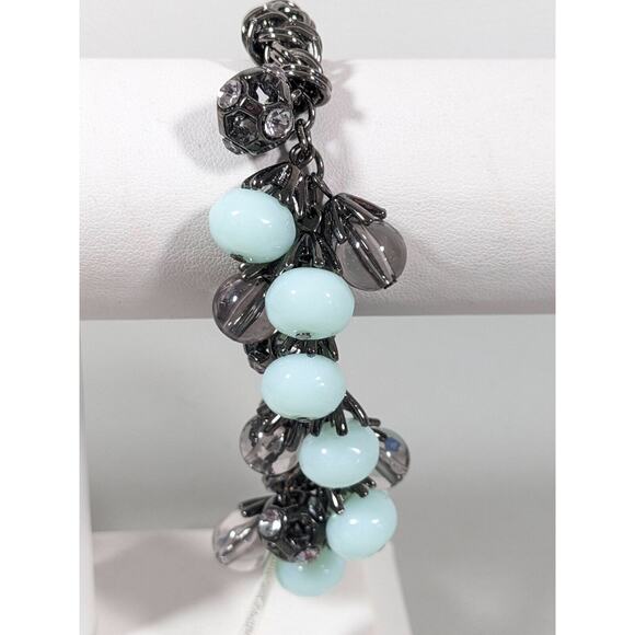 Simply Vera Wang Gray Metallic Crystal Ball Green Charm Stretch Chain Bracelet - Picture 1 of 9